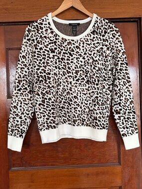 New Alison Sheri Leopard Print Knit Pullover Sweater Cream Brown Size XS